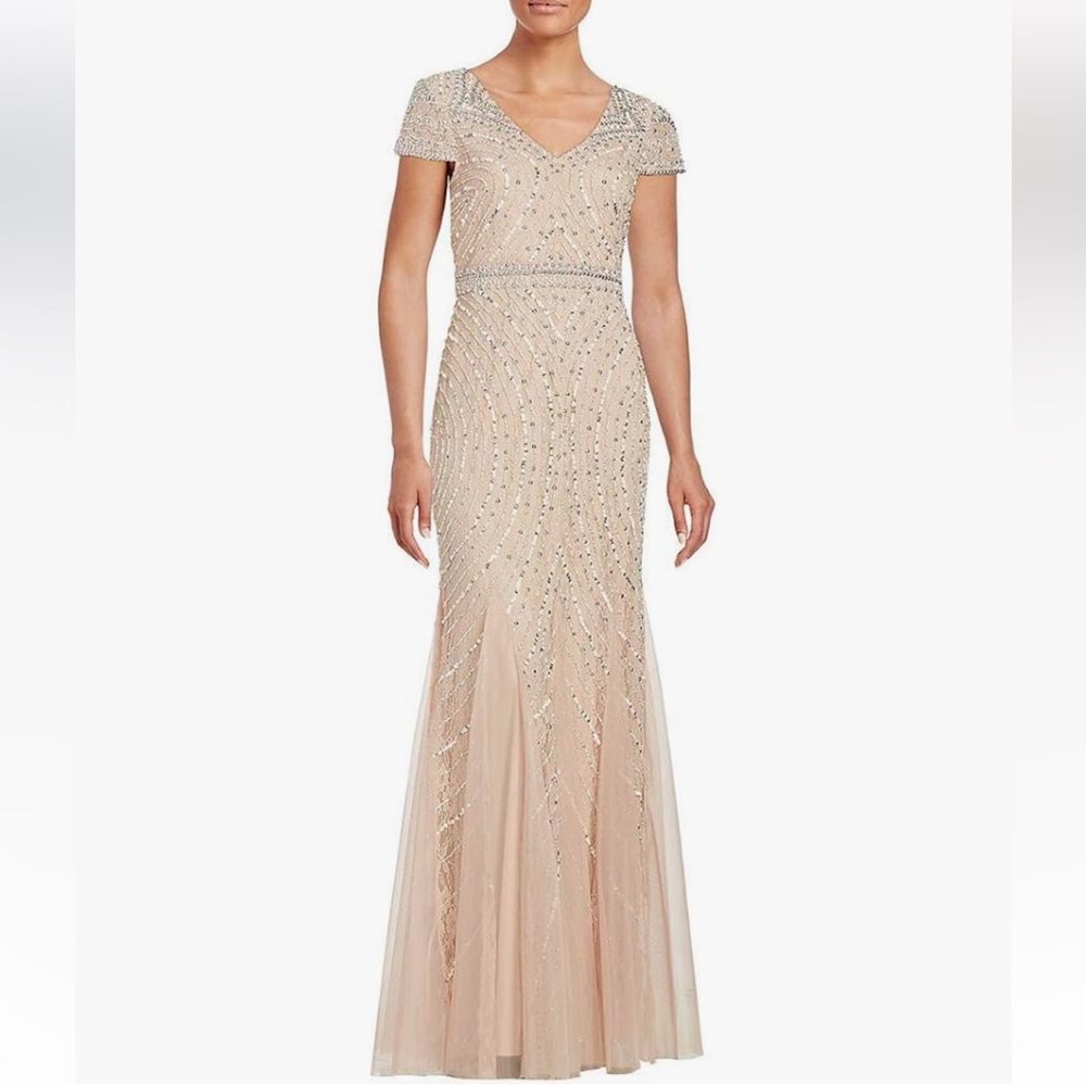 Adrianna Papell Blush Beaded V-Neck Cap Sleeve Evening Gown